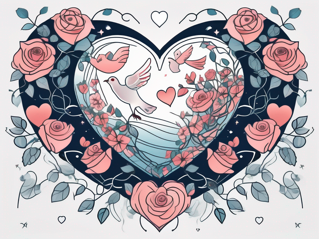 A heart-shaped planet with various symbolic elements of love