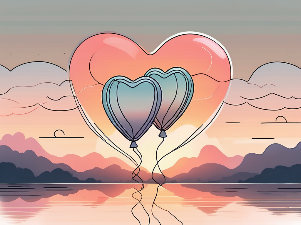 Two intertwined heart-shaped balloons floating against a backdrop of a serene sunset