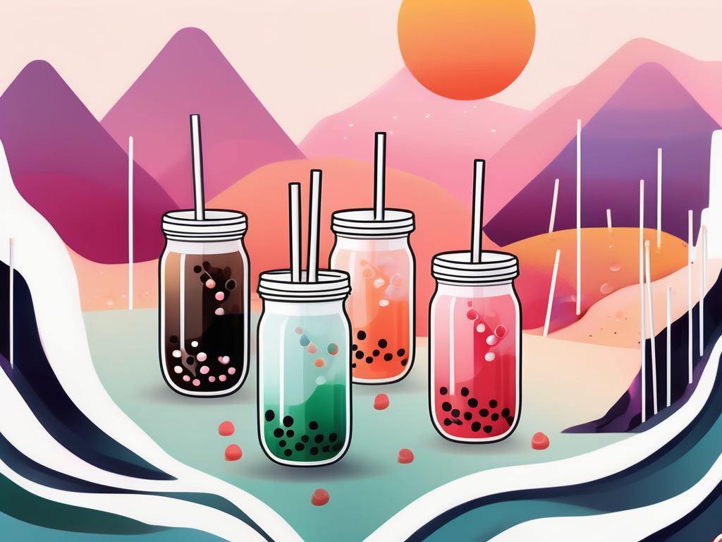 A vibrant array of colorful boba tea drinks with straws