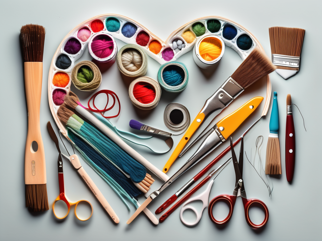 A colorful assortment of crafting materials such as paintbrushes