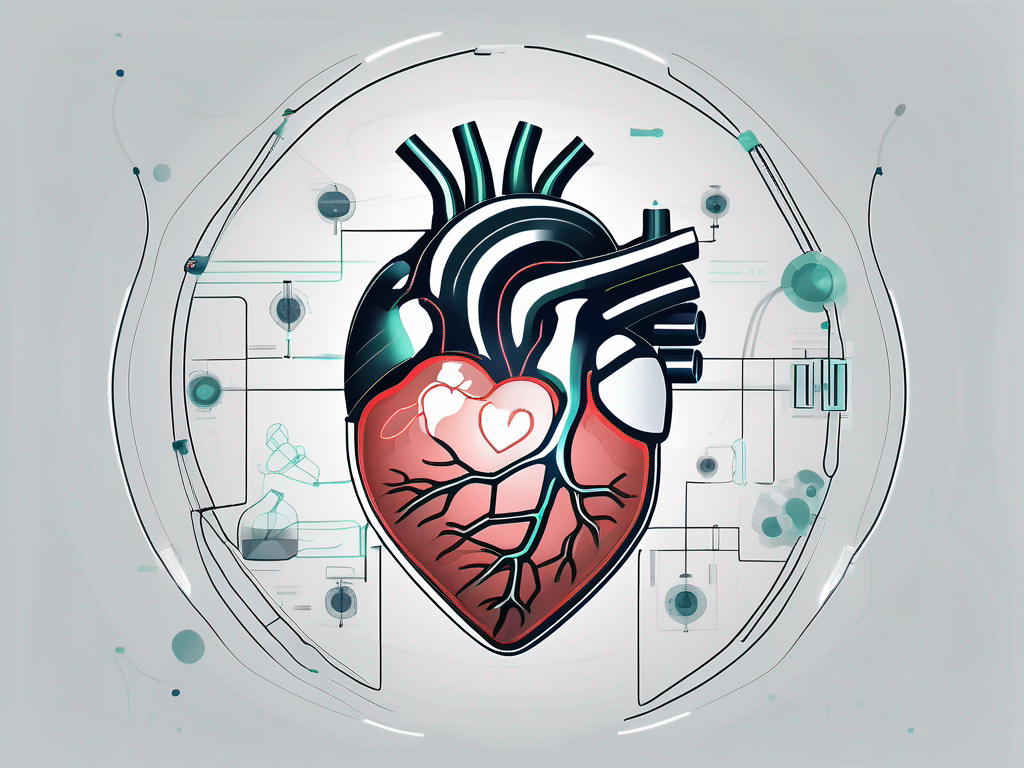 A human heart intertwined with futuristic medical equipment