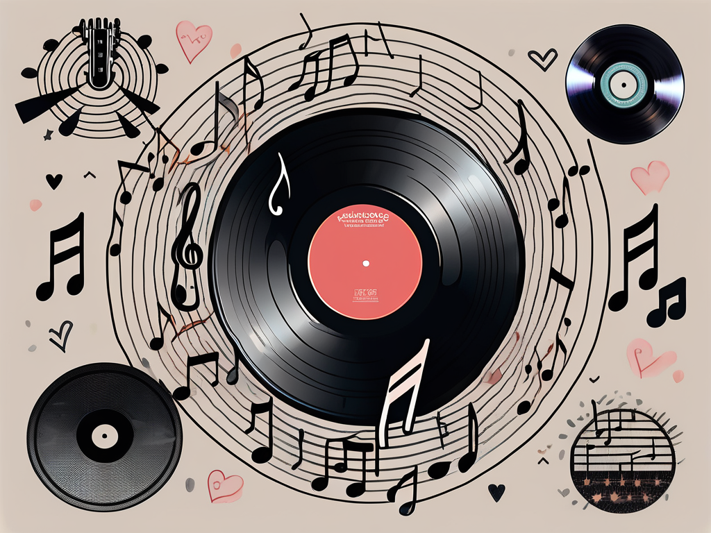 A heart-shaped vinyl record with musical notes and symbols radiating from it