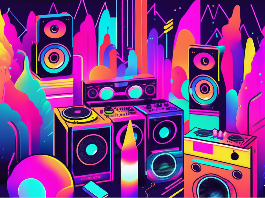 A vibrant and colorful festival scene filled with various rave essentials like neon glow sticks