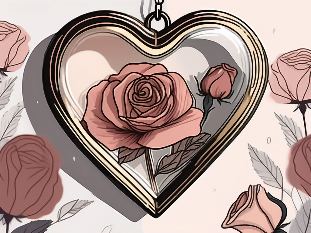 A heart-shaped locket opened to reveal a dried rose inside