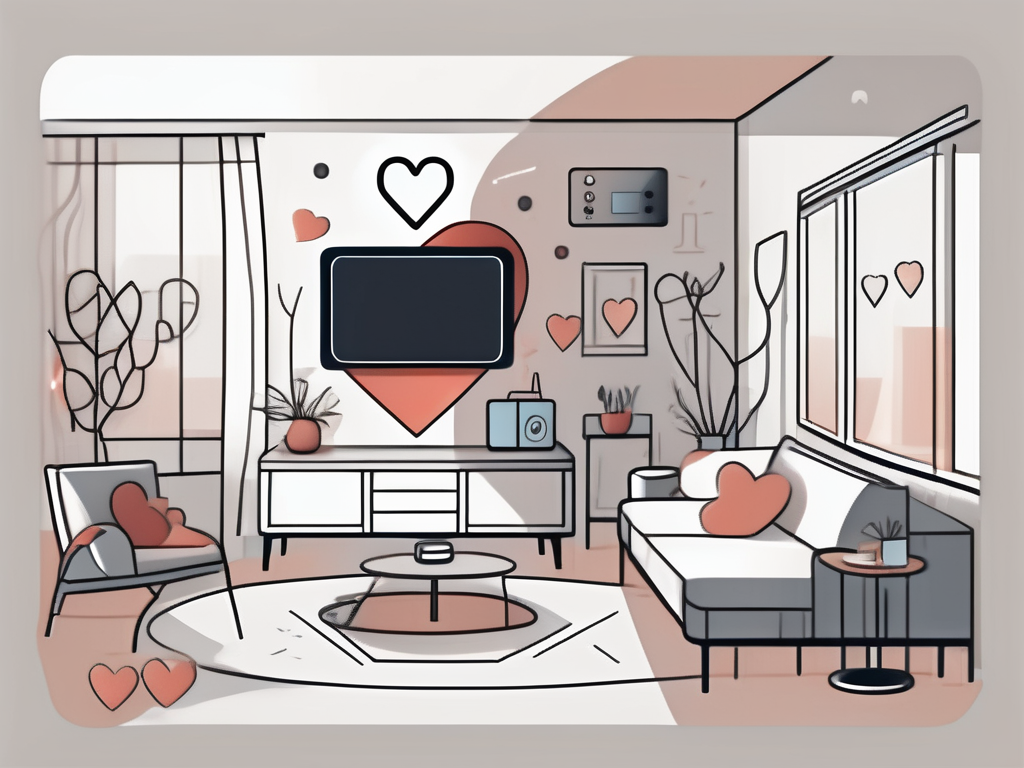 A cozy living room with a television screen showing a heart symbol