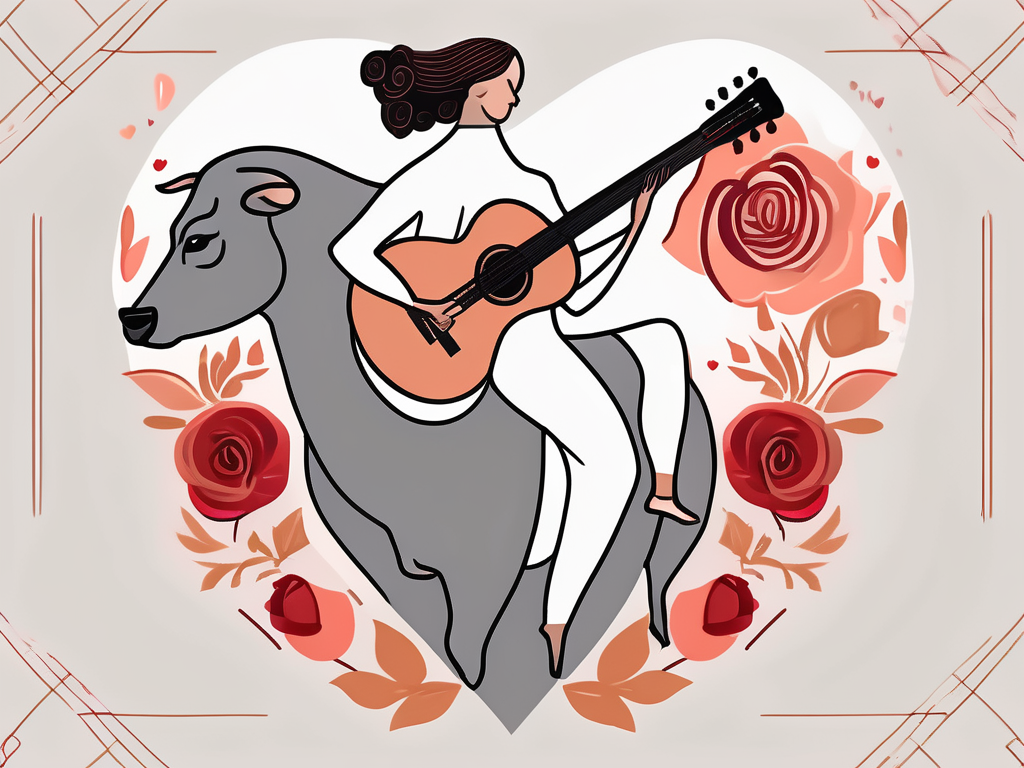 A heart intertwined with classic spanish symbols such as a flamenco guitar