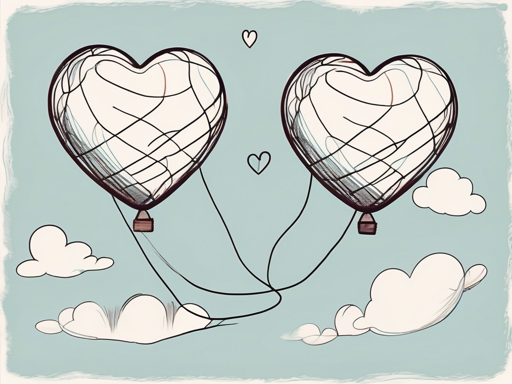 Two intertwined heart-shaped balloons floating in the sky