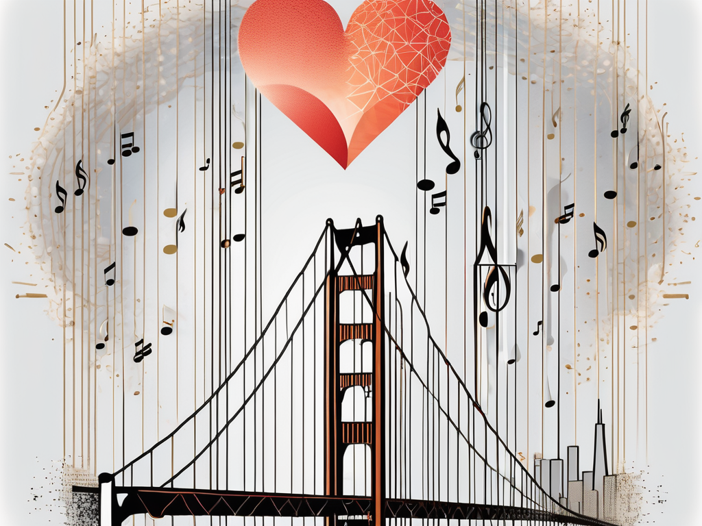 The iconic golden gate bridge with a heart floating above it