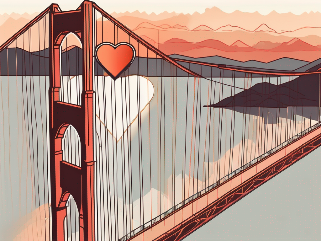 The golden gate bridge in san francisco with a heart-shaped sunset in the background