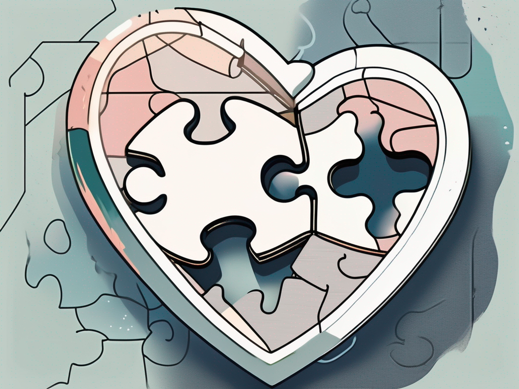 A heart-shaped locket opened to reveal two halves of a puzzle piece fitting perfectly together