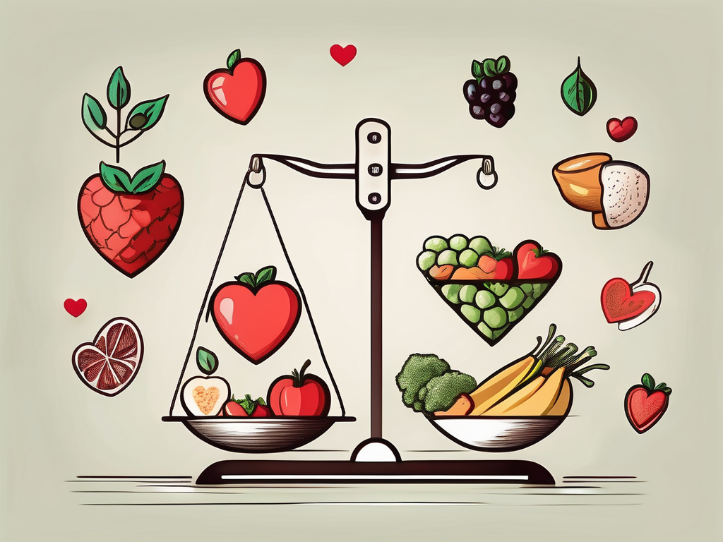 A heart-shaped measuring scale balancing different types of nutritious food