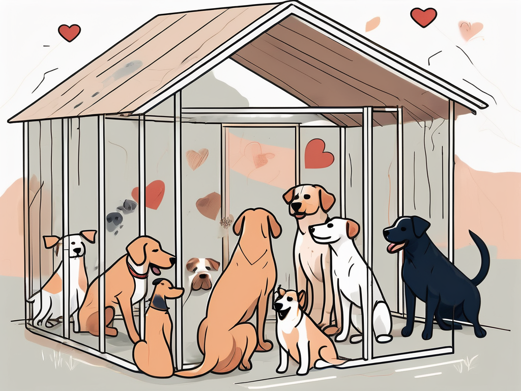 A heart-shaped dog shelter with various breeds of dogs happily playing and interacting in and around it