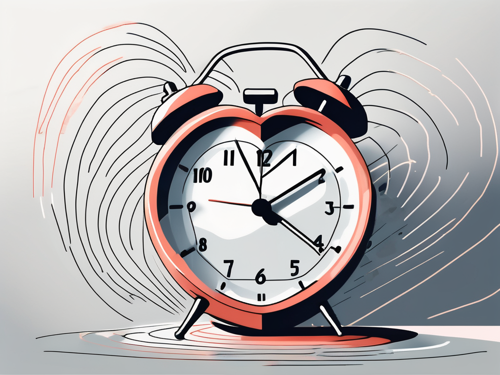 A heart with fast-paced motion lines set against the backdrop of an alarm clock showing an early morning time