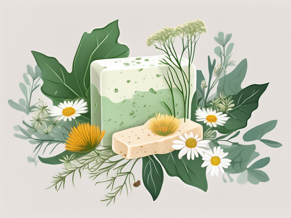 A bar of soap surrounded by various natural elements like leaves